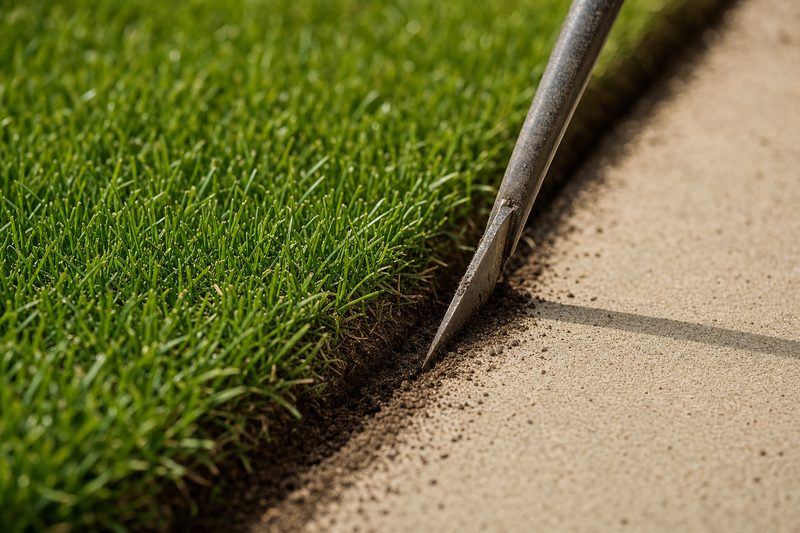Crisp hard edge cut along a concrete sidewalk beside thick green Bermuda turf